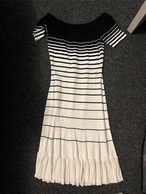 BCBGMaxAzria Black and White Striped Off-Shoulder Midi Dress